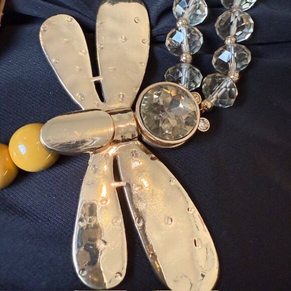 NWT Dragonfly Statement Necklace and Earrings Set Gold Tone Beads Crystals - Picture 8 of 12